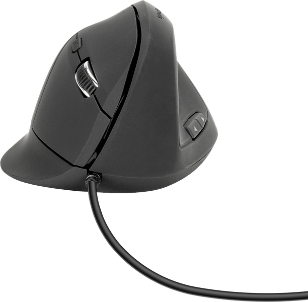 Schwarze vertikale ergonomische Kabelmaus mit Daumentasten, ideal zur Vorbeugung von Handgelenkschmerzen