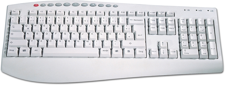Weiße PC-Tastatur mit deutschen Buchstaben, Funktionstasten und integriertem Nummernblock