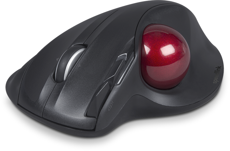 Schwarze ergonomische Trackball-Maus mit auffälliger roter Kugel und mehreren Tasten, geeignet für komfortable Computerbedienung