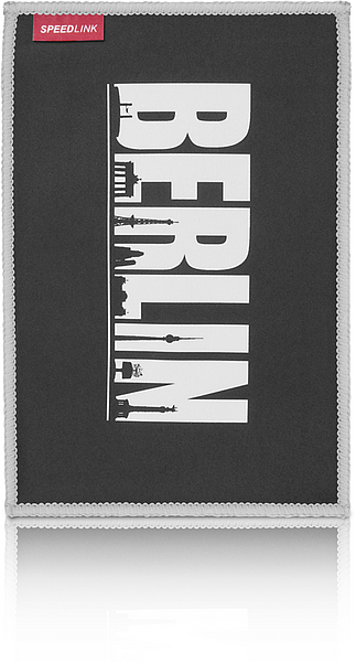 Schwarzes Speedlink Mousepad mit weißem BERLIN-Schriftzug und Berliner Skyline, rutschfeste Unterseite