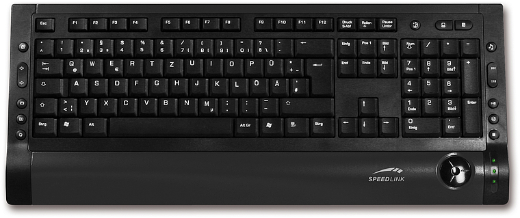 Schwarze SPEEDLINK Tastatur mit ergonomischer Handballenauflage und vielen Zusatzfunktionen für Computer