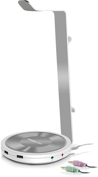 Moderner Kopfhörer-Ständer aus Metall mit USB-Anschlüssen und Audio-Kabeln, ideal für den Arbeitsplatz