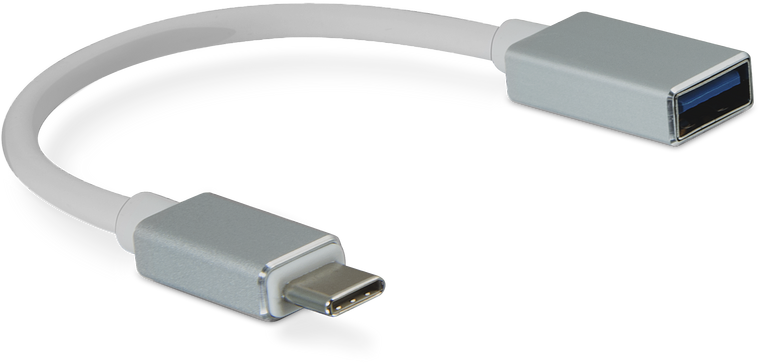 Abgebildet ist ein USB-C auf USB-A Adapterkabel in silberner Farbe, geeignet zum Anschluss von USB-Geräten an Geräte mit USB-C-Schnittstelle.
