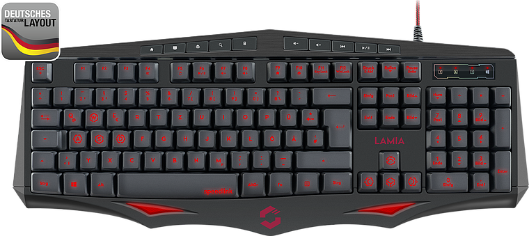 Schwarze Speedlink LAMIA Gaming-Tastatur mit roter Tastenbeleuchtung und deutschem Layout, vielfältige Funktionstasten sichtbar