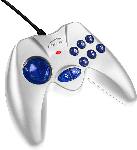 Silbernes Speedlink USB Gamepad mit blauem Steuerkreuz und 10 nummerierten Tasten, geeignet für Computerspiele