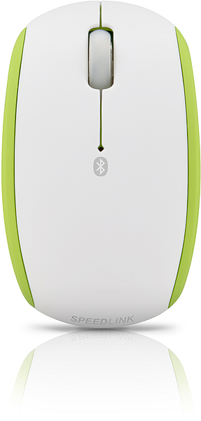 Obenansicht einer weißen SPEEDLINK Bluetooth-Maus mit grünen Seiten und Scrollrad, kabellos und ergonomisch gestaltet
