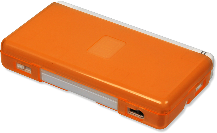 Abgebildet ist eine orange Schutzhülle auf einem Nintendo DS Lite, die das Gerät vor Kratzern schützt.