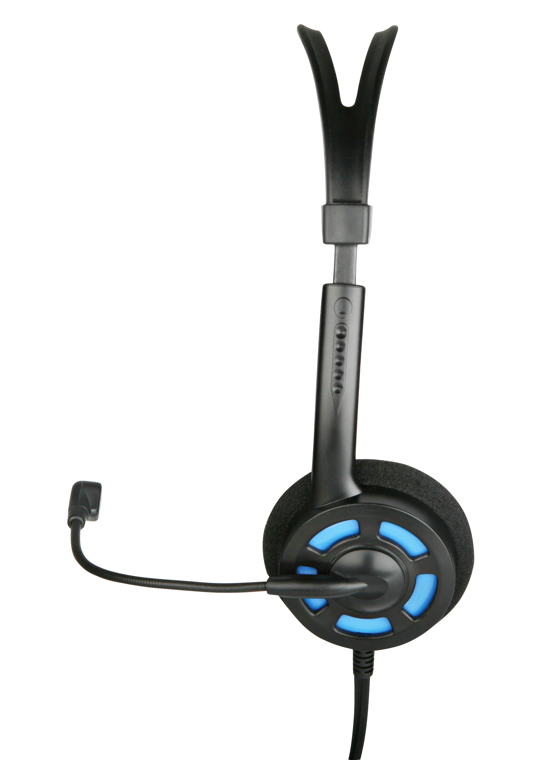 Einseitiges schwarzes Headset mit Mikrofonbügel und blauen Akzenten, geeignet für Telefonie oder Computerspiele