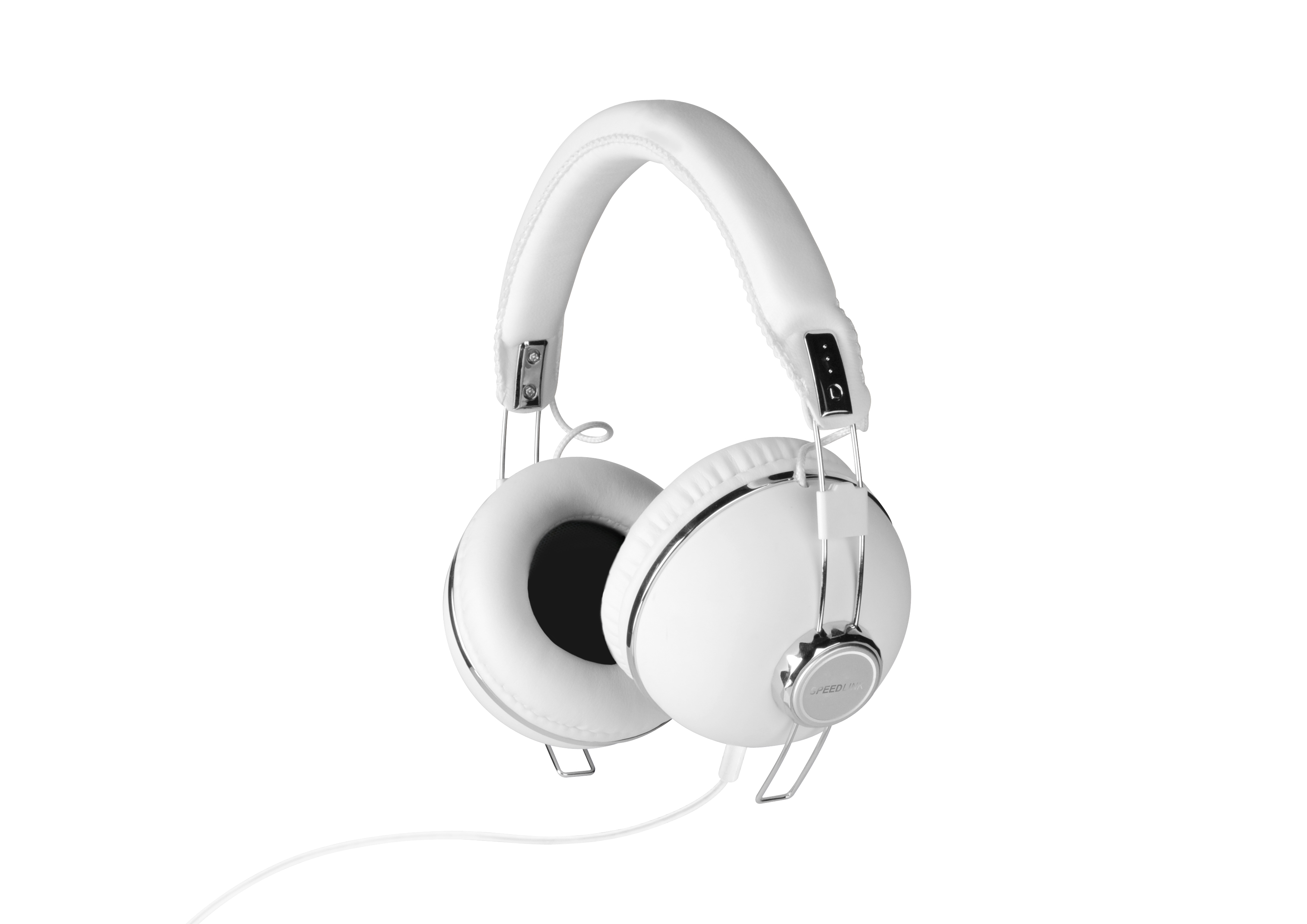 Weiße Over-Ear-Kopfhörer mit Polsterung und Kabel, isoliert auf weißem Hintergrund