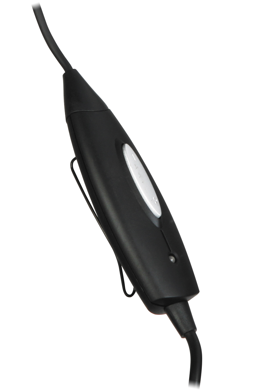 Kabelgebundene schwarze Fernbedienung mit Clip und silbernem Bedienelement, Nahaufnahme