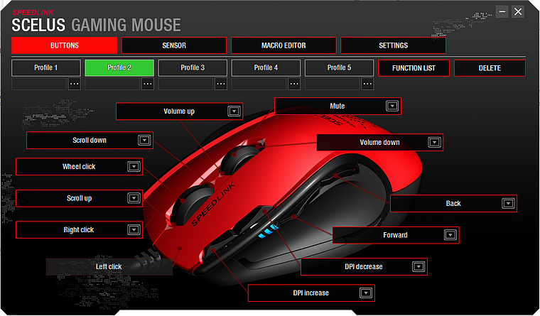 Konfigurationsoberfläche der SPEEDLINK SCELUS Gaming Maus mit markierten Tastenfunktionen wie Lautstärke, DPI und Navigation
