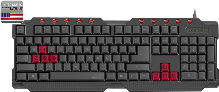 Schwarze Gaming-Tastatur mit US-Layout, extra Tasten für Gaming in Rot hervorgehoben