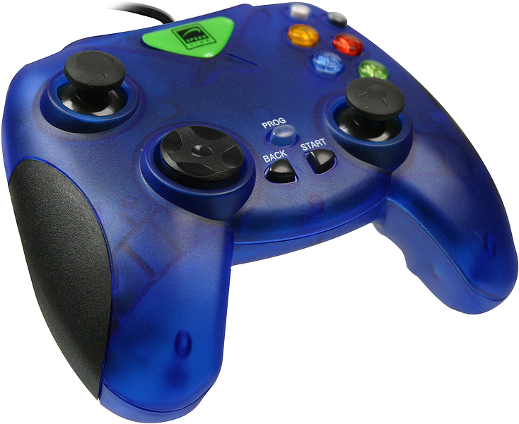 Blauer Xbox-Controller mit zwei Joysticks, Steuerkreuz und farbigen Tasten