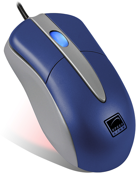 Abbildung einer Speedlink kabelgebundenen Computermaus in Blau und Grau mit beleuchtetem Scrollrad