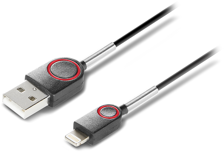 USB-auf-Lightning-Kabel mit schwarzen Steckern und roten Akzenten, ideal zum Laden und Synchronisieren von Apple-Geräten