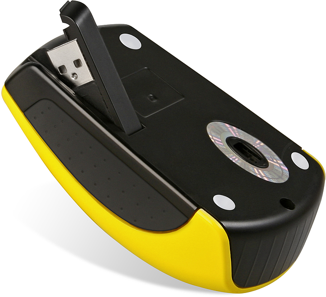 Gelbe kabellose Computermaus mit ausklappbarem USB-Stecker, Unterseite sichtbar