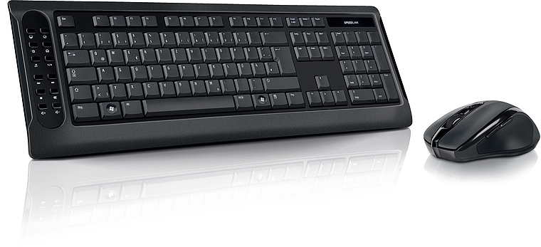 Abgebildet ist ein schwarzes Set aus kabelloser Tastatur und Maus mit zahlreichen Sondertasten, geeignet für Computer und Laptops.