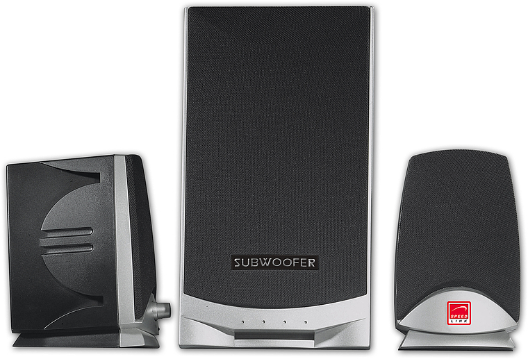 Abbildung eines 3-teiligen Lautsprechersystems bestehend aus Subwoofer und zwei Satellitenlautsprechern, geeignet für Computer oder Multimediaanwendungen