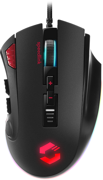 Schwarze Speedlink Gaming Maus mit RGB-Beleuchtung, mehreren Tasten und ergonomischer Form