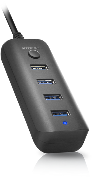 Schwarzer SPEEDLINK USB 3.0 Hub mit vier Anschlüssen und blauer LED-Anzeige