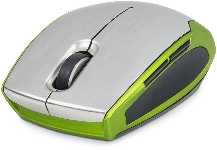 Moderne, kabellose Maus in Silber und Grün mit seitlichen Funktionstasten und Scrollrad
