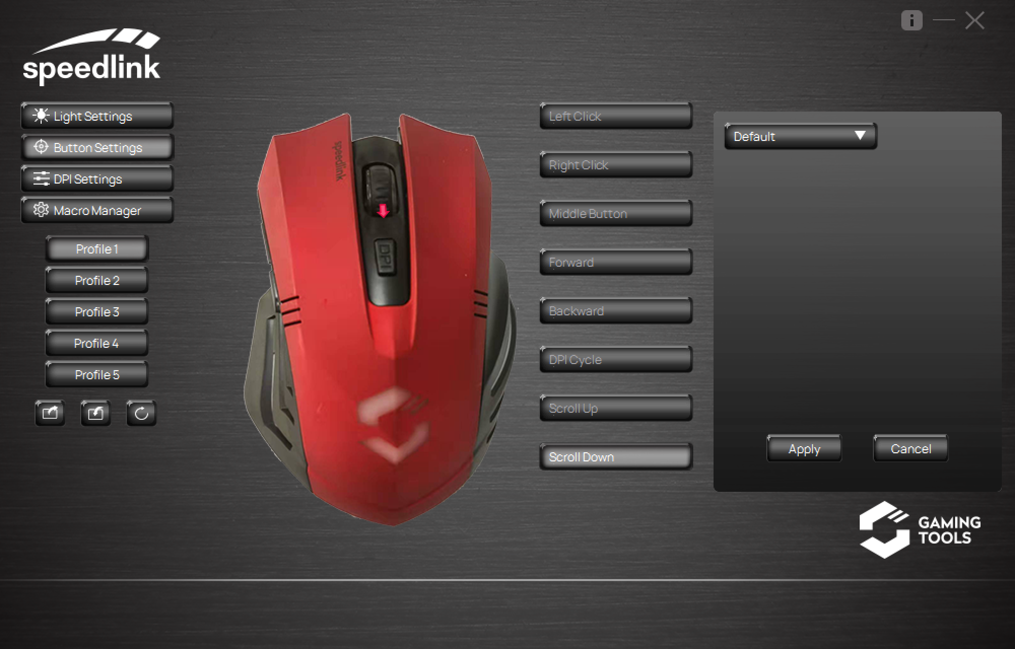 Speedlink Gaming-Maus in Rot, abgebildet in einer Softwareoberfläche zur Konfiguration von Tasten, Licht, DPI und Makros