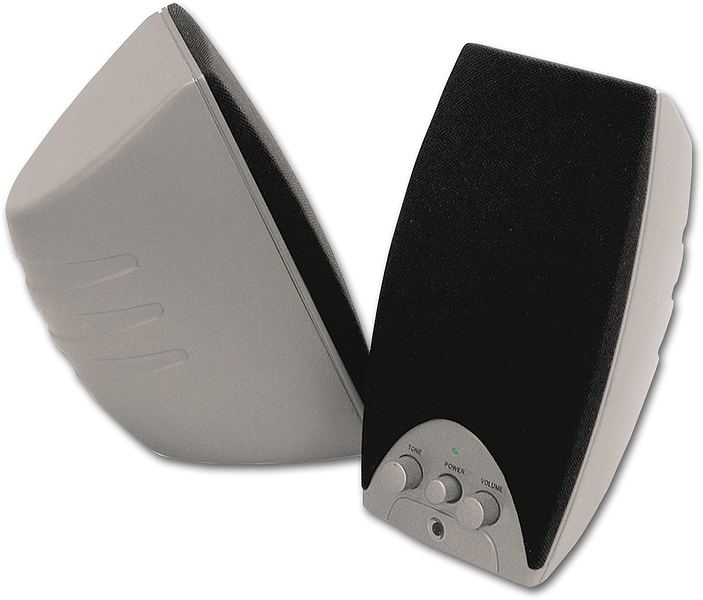 Zwei graue Computerlautsprecher mit schwarzer Front, Bedienelementen und Lautstärkeregler