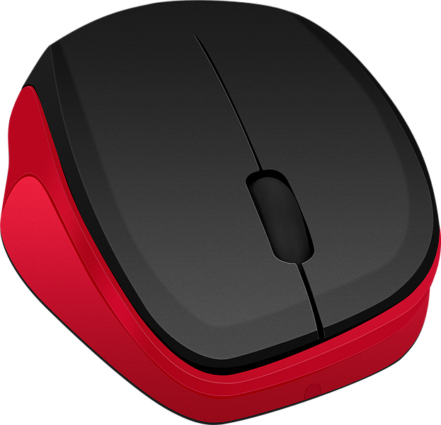 Abbildung einer kabellosen Computermaus mit rotem Gehäuse und schwarzer Abdeckung, ideal für Büro und Homeoffice