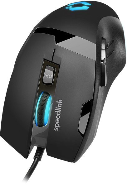 Schwarze Speedlink Gaming-Maus mit blau leuchtenden Elementen, seitlichen Tasten und DPI-Schalter