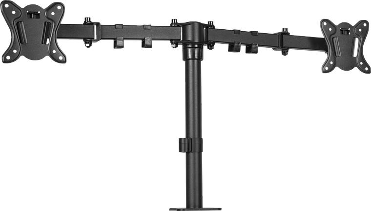 Schwarze, höhenverstellbare Monitorhalterung für zwei Monitore zur Befestigung am Schreibtisch