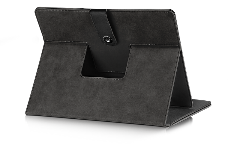 Rückansicht einer schwarzen Tablet-Hülle aus Leder mit integriertem Standfuß und Verschlusslasche