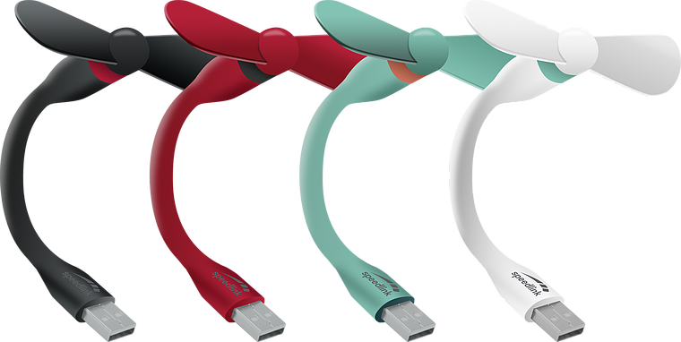 Vier USB-Ventilatoren in den Farben Schwarz, Rot, Türkis und Weiß, ideal für den mobilen Einsatz und unterwegs.