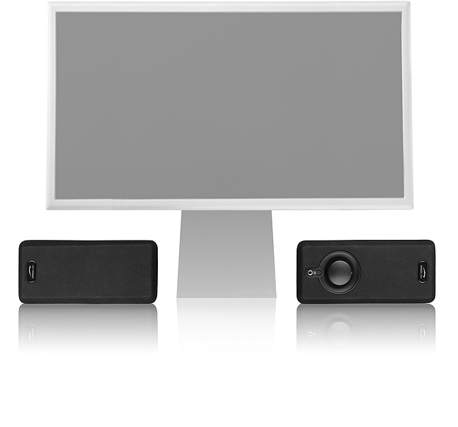 Moderner PC-Bildschirm mit zwei schwarzen Lautsprechern nebeneinander, ideal für Arbeitsplatz oder Home-Office