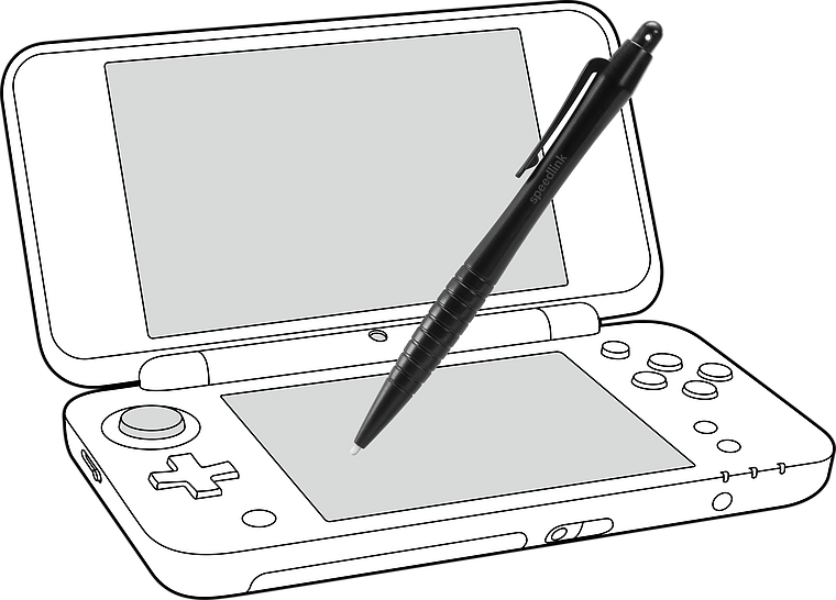 Zeichnung eines tragbaren Handheld-Spielgeräts mit großem schwarzen Kugelschreiber auf dem unteren Bildschirm