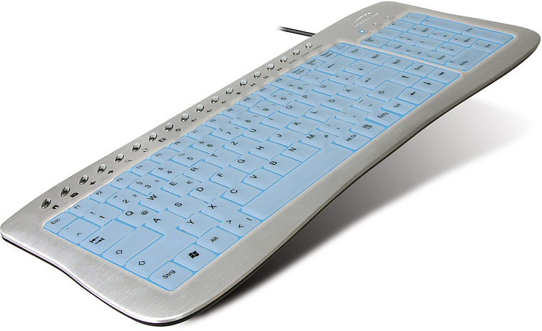 Moderne flache Tastatur mit silbernem Rahmen und blauen Tasten, angeschlossen per Kabel