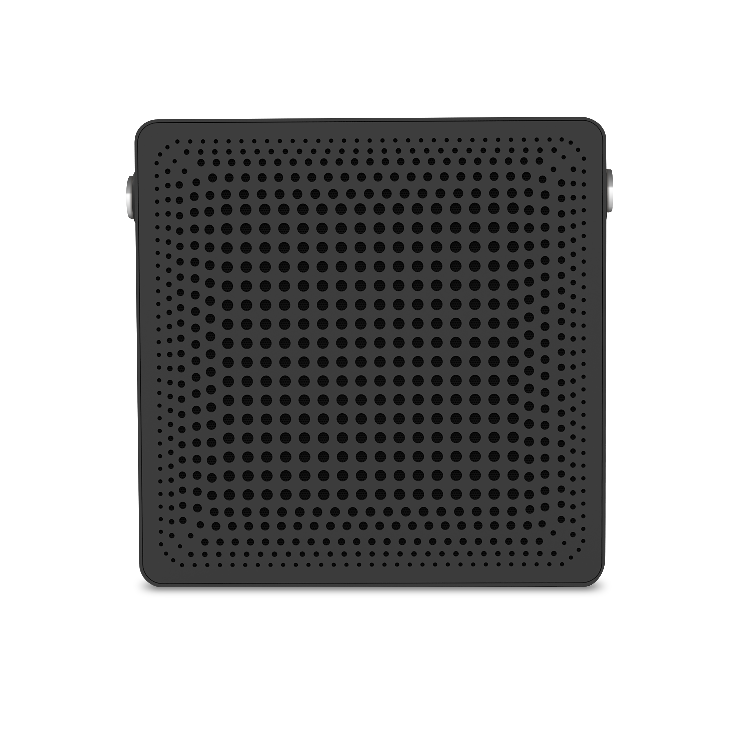 Vorderansicht eines quadratischen, schwarzen Bluetooth-Lautsprechers mit Löcherstruktur