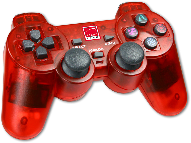 Rotes Speedlink Gamepad mit Analogsticks und typischen Tasten, geeignet für PC oder Konsole