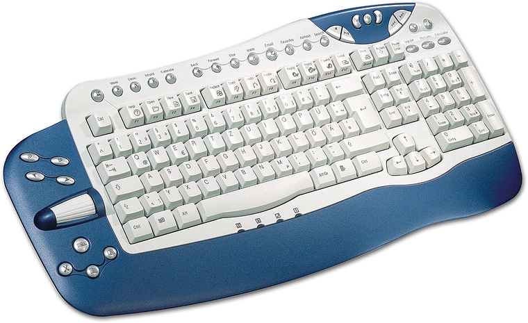 Ergonomische Multimedia-Tastatur in Weiß und Blau mit zahlreichen Zusatztasten und integriertem Scrollrad auf der linken Seite