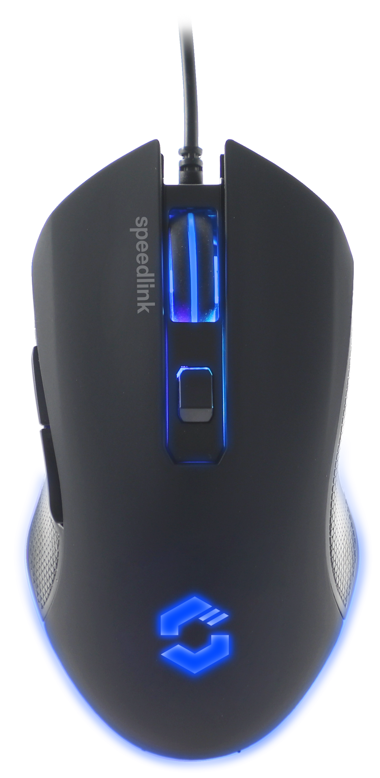 Schwarze Speedlink Gaming-Maus mit blauer LED-Beleuchtung, ergonomischer Form und zusätzlicher Taste auf der Oberseite