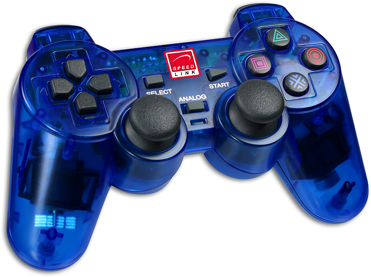 Blauer Speedlink-Controller mit transparentem Gehäuse, zwei Analogsticks, D-Pad und typischen Steuerungstasten