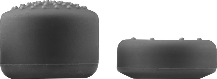 Zwei schwarze Silikon-Aufsätze für Zahnbürsten, einer von vorne und einer von der Seite, Noppen auf der Oberseite sichtbar