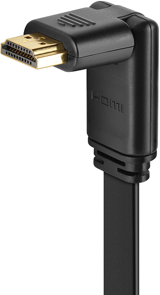 Abgewinkeltes HDMI-Kabel mit vergoldetem Stecker und schwarzem Flachbandkabel, geeignet für enge Anschlussstellen