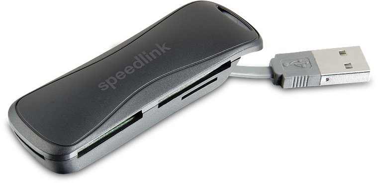 Schwarzer Speedlink USB-Kartenleser mit diversen Kartenslots und USB-Anschluss