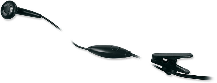 Abgebildet ist ein schwarzes Headset mit Ohrhörer, integriertem Mikrofon und praktischem Befestigungsclip am Kabel.