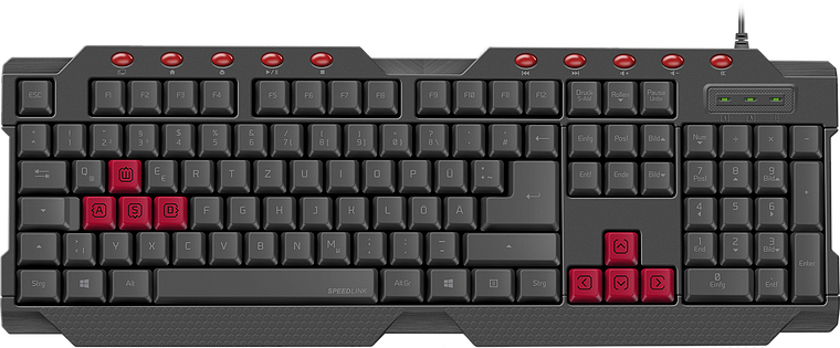 Schwarze Gaming-Tastatur mit roten WASD- und Pfeiltasten sowie zusätzlichen Funktionstasten