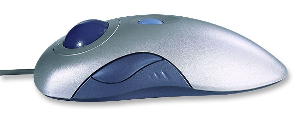 Silber-blaue kabelgebundene Trackball-Maus mit ergonomischem Design und seitlichen Tasten