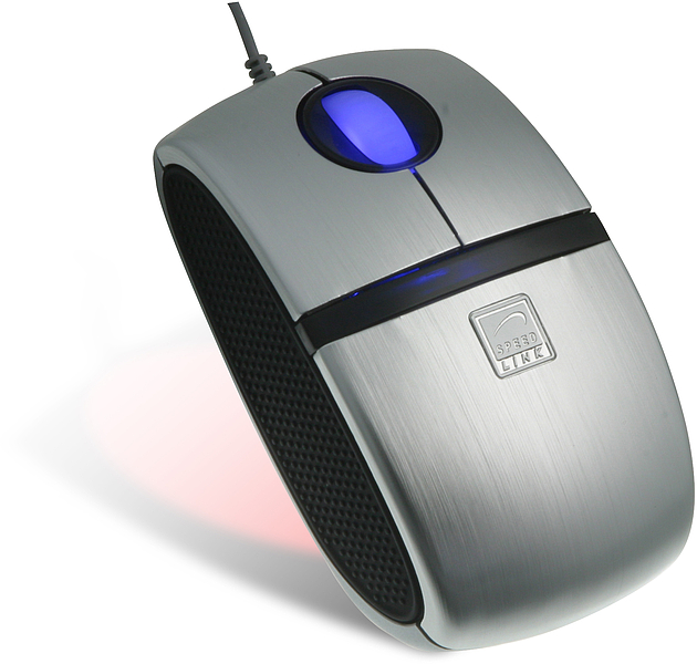 Silberne kabelgebundene Speedlink-Maus mit blauem Scrollrad und ergonomischem Design