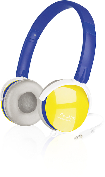 On-Ear Kopfhörer in Blau und Gelb mit weichen Ohrpolstern und AUX-Anschluss, geeignet für Musikgenuss unterwegs