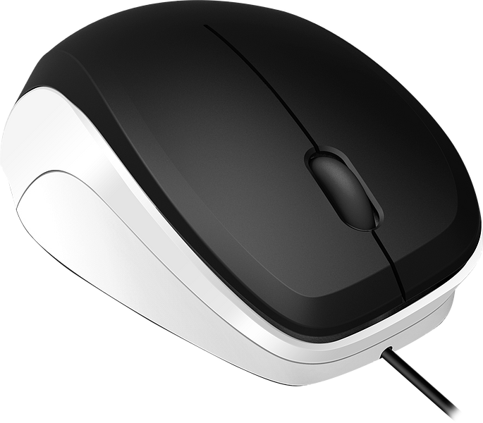 Schwarz-weiße kabelgebundene Computermaus mit ergonomischer Form, seitliche Ansicht