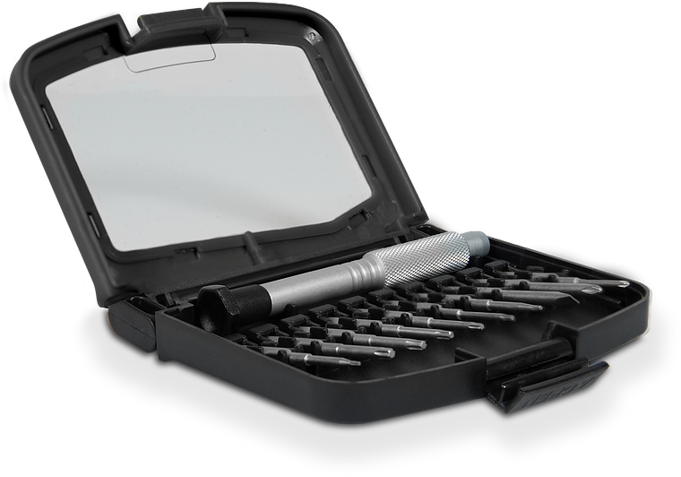 Schraubendreher-Set mit verschiedenen Wechselbits in einer schwarzen Box mit durchsichtigem Deckel